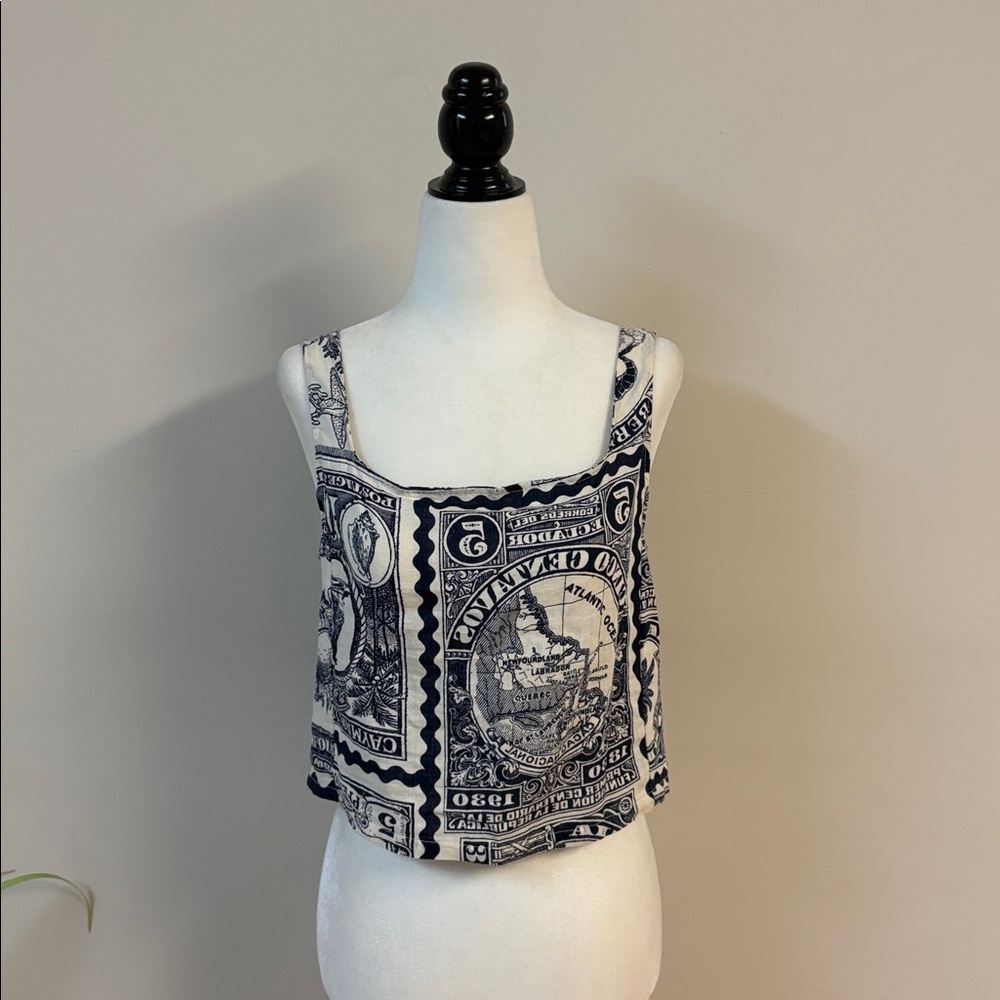 ❤️BNWT Nicole Miller Artelier linen blend postage stamp print Crop Top size S - Picture 2 of 7
